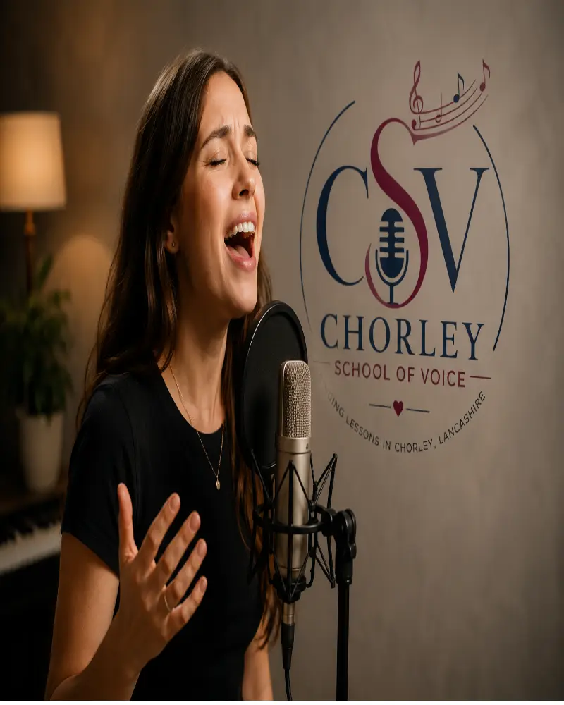 Student singing during a vocal coaching lesson near Preston