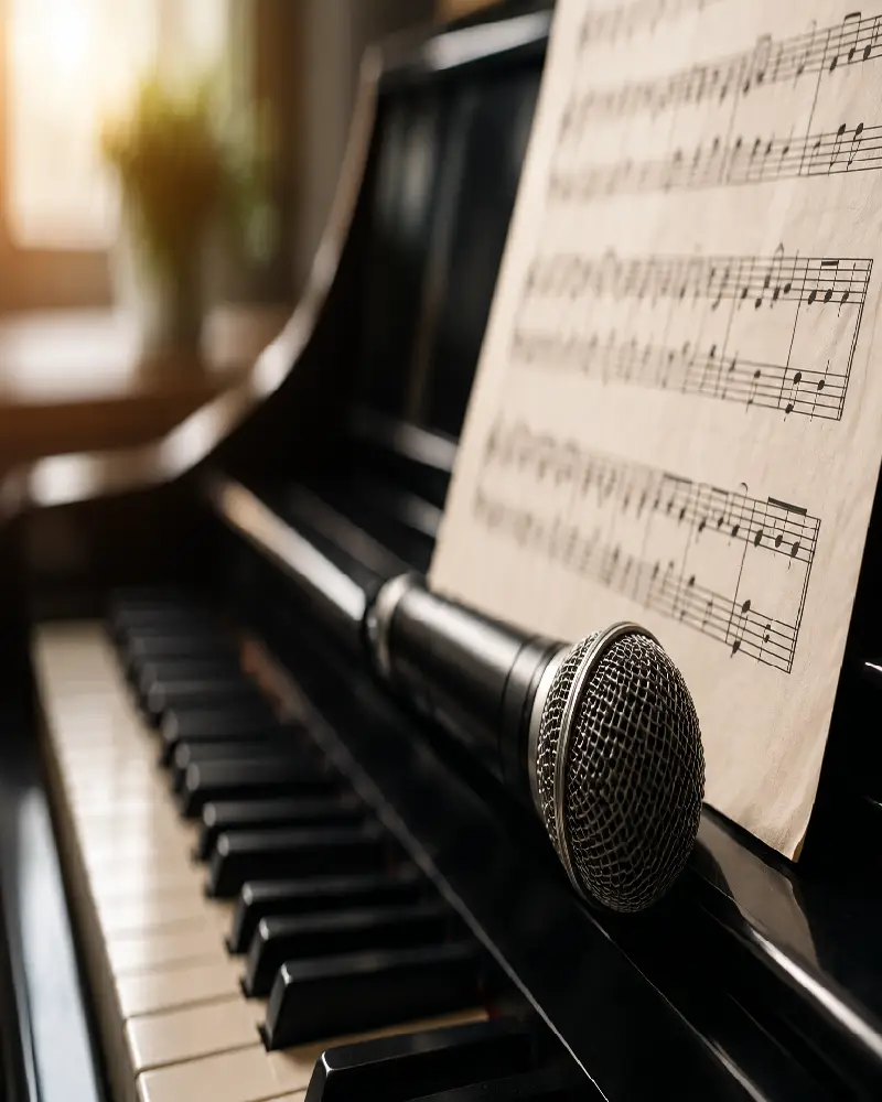 Piano and microphone used during singing lessons Preston