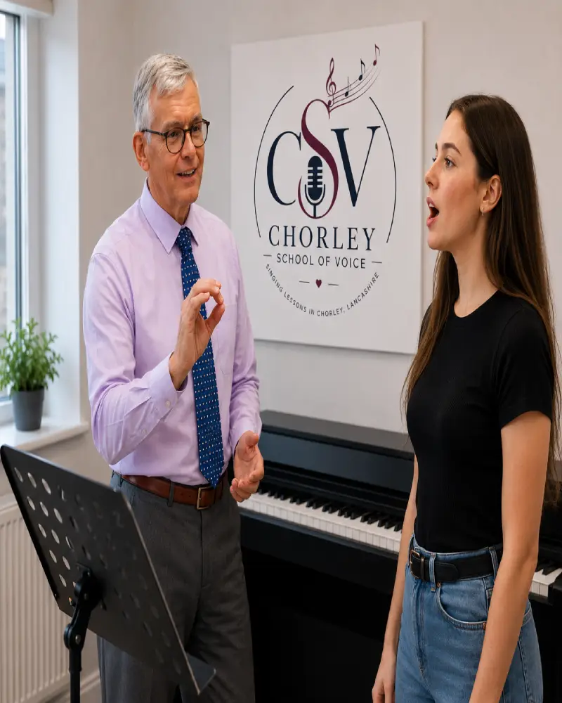 "Singing teacher David Usher giving a singing lesson to a student at Chorley School of Voice near Preston"